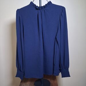 Jodifl Women's Navy Blouse W/Ruffle Neck And Smocked Sleeves; Size S
